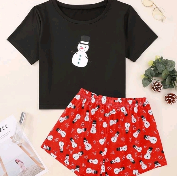 ☃️ NEW SNOWMAN PRINT SHORT SLEEVE PIJAMA SET ☃️ - Picture 1 of 2